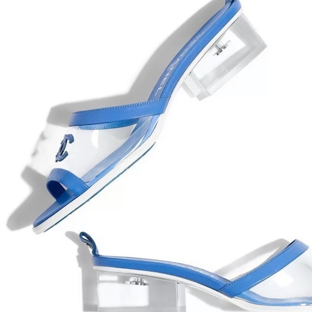 CHANEL 19S Blue Transparent CC Logo Mules